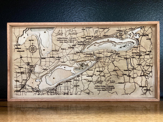 Engraved Lake Ontario Wood Map: Personalized Topography Art - Stumps Custom Wood