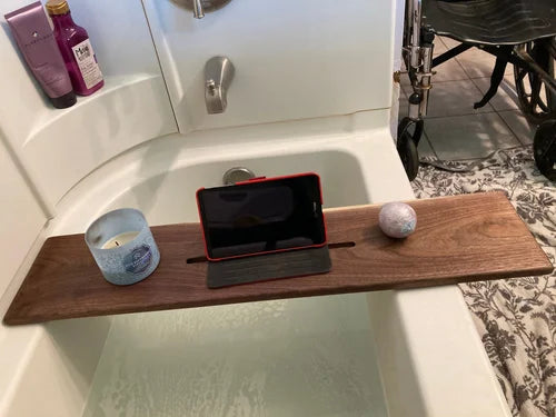 Handcrafted Solid Walnut Bathtub Tray placed across a modern bathtub