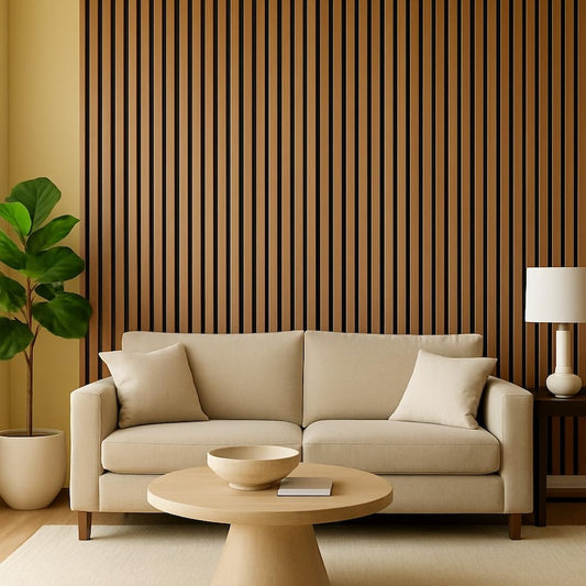 custom oak acoustic slat wall panels showcasing a modern living room with minimalist decor.