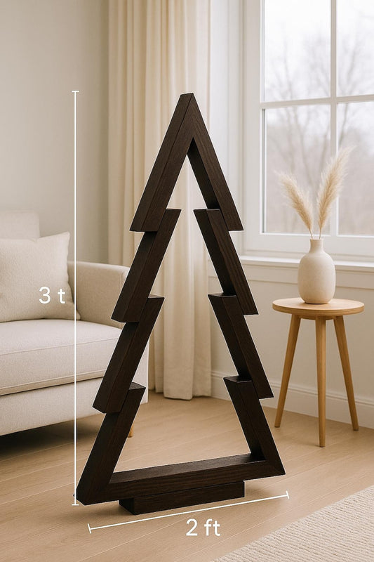 handmade rustic christmas tree displayed in a cozy living room next to a chair and table