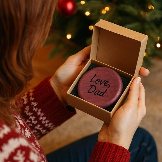 Close-up of a person holding a gift box with a personalized wooden fidget palmstone saying 'Love, Dad'.