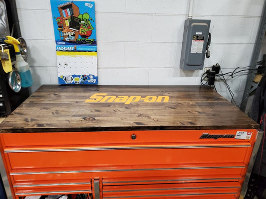 Custom Tool Box Cover: Personalized Butcher Block Workbench Top & Workshop Storage