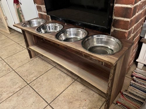 Walnut Elevated Dog Food Bowl Station: Live Edge Style