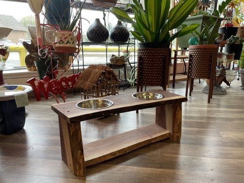 Walnut Elevated Dog Food Bowl Station: Live Edge Style