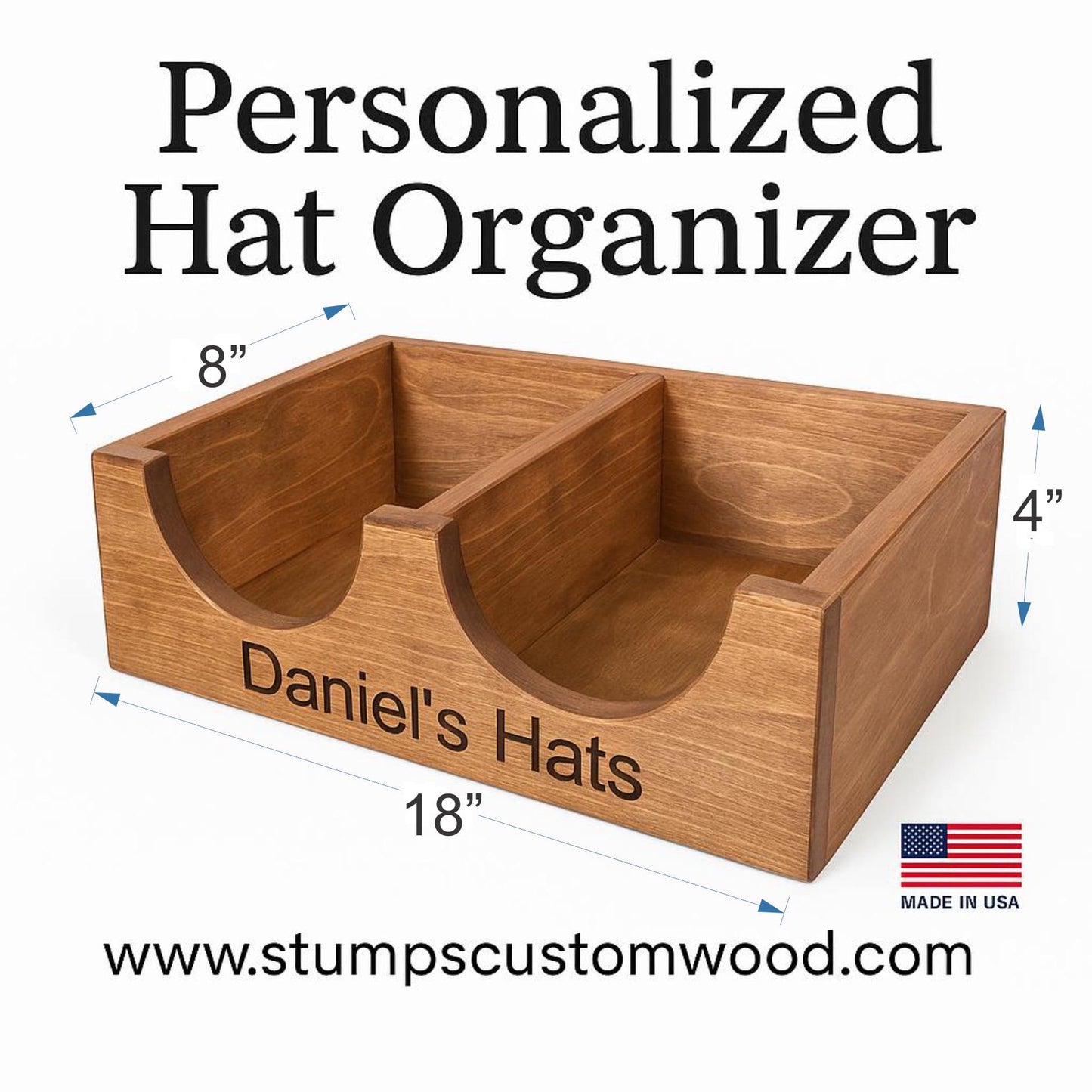 Personalized Hat Organizer Box: Engraved Wooden Keepsake Storage Gift for Him