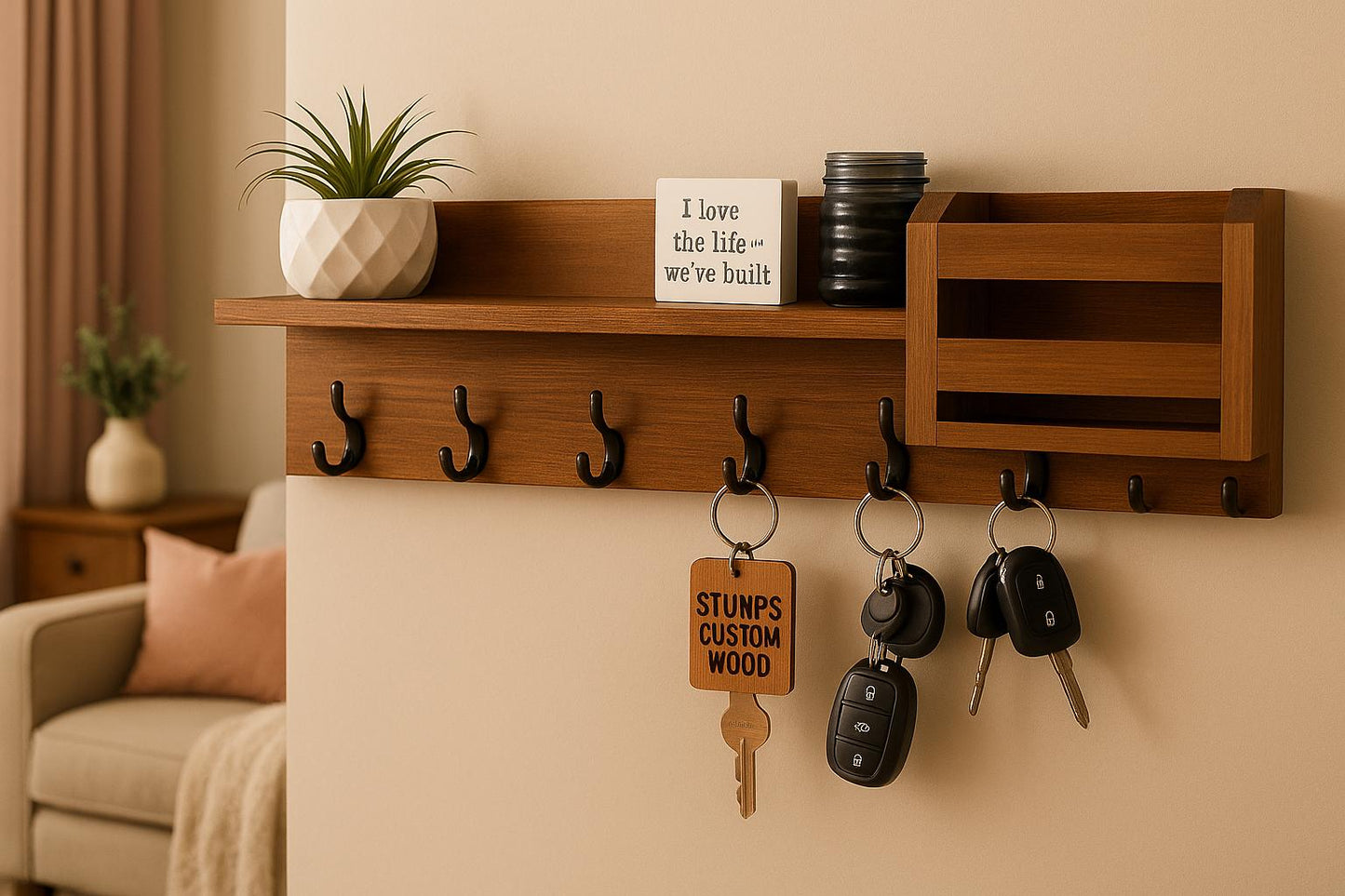 Wall Mounted Entryway Organizer: Wood Shelf, Mail & Key Holder - Handmade USA