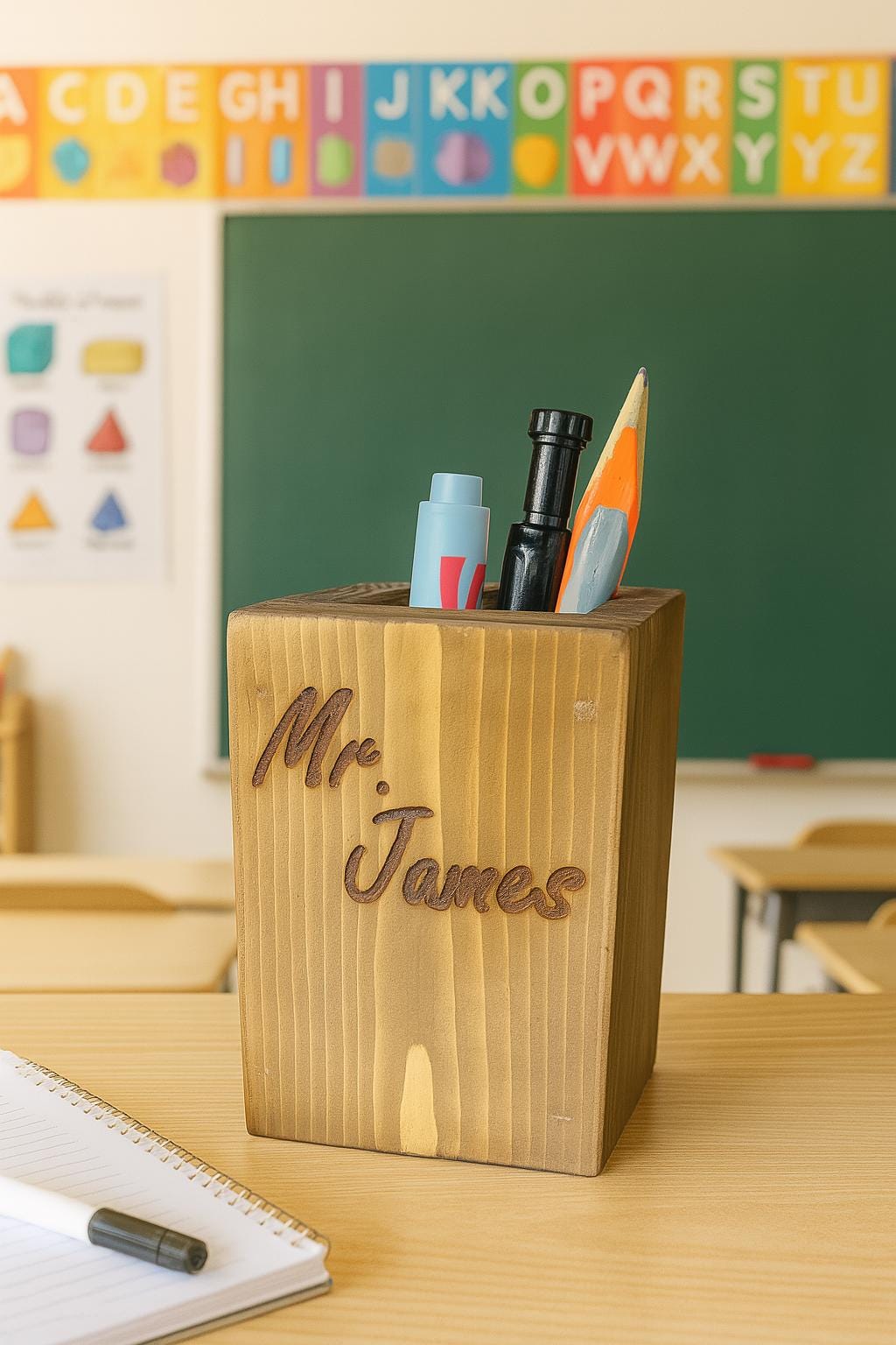 Personalized Wood Pen and Pencil Holder: Engraved Teacher Desk Organizer