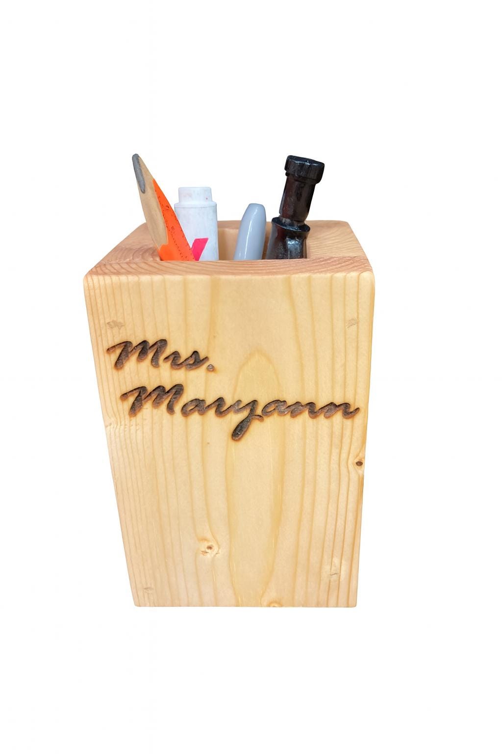 Personalized Wood Pen and Pencil Holder: Engraved Teacher Desk Organizer