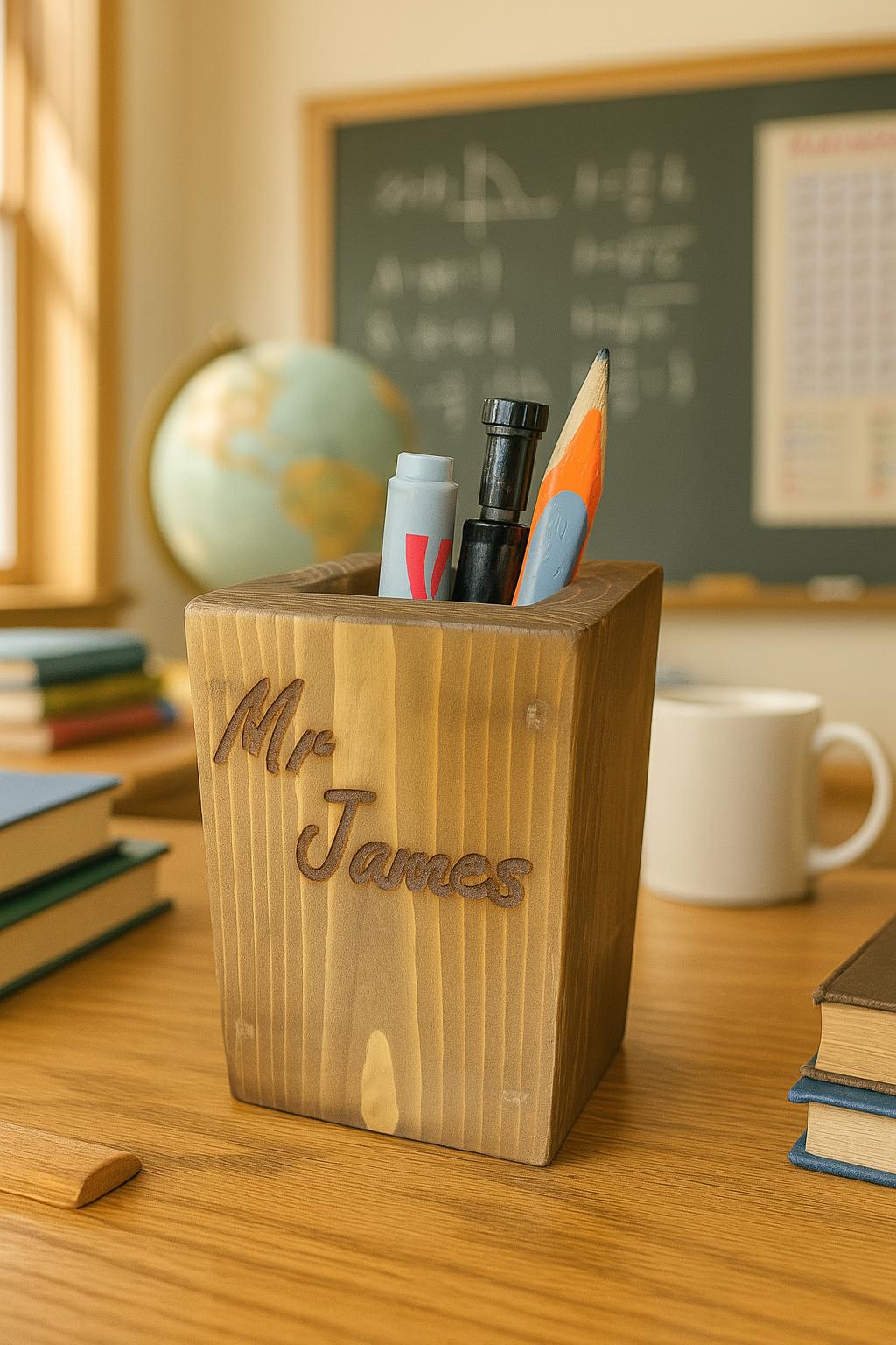 Personalized Wood Pen and Pencil Holder: Engraved Teacher Desk Organizer