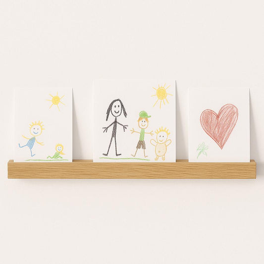 Slim Oak Wood Picture Rail: Floating Wall Art Ledge, Drill Free Shelf Option