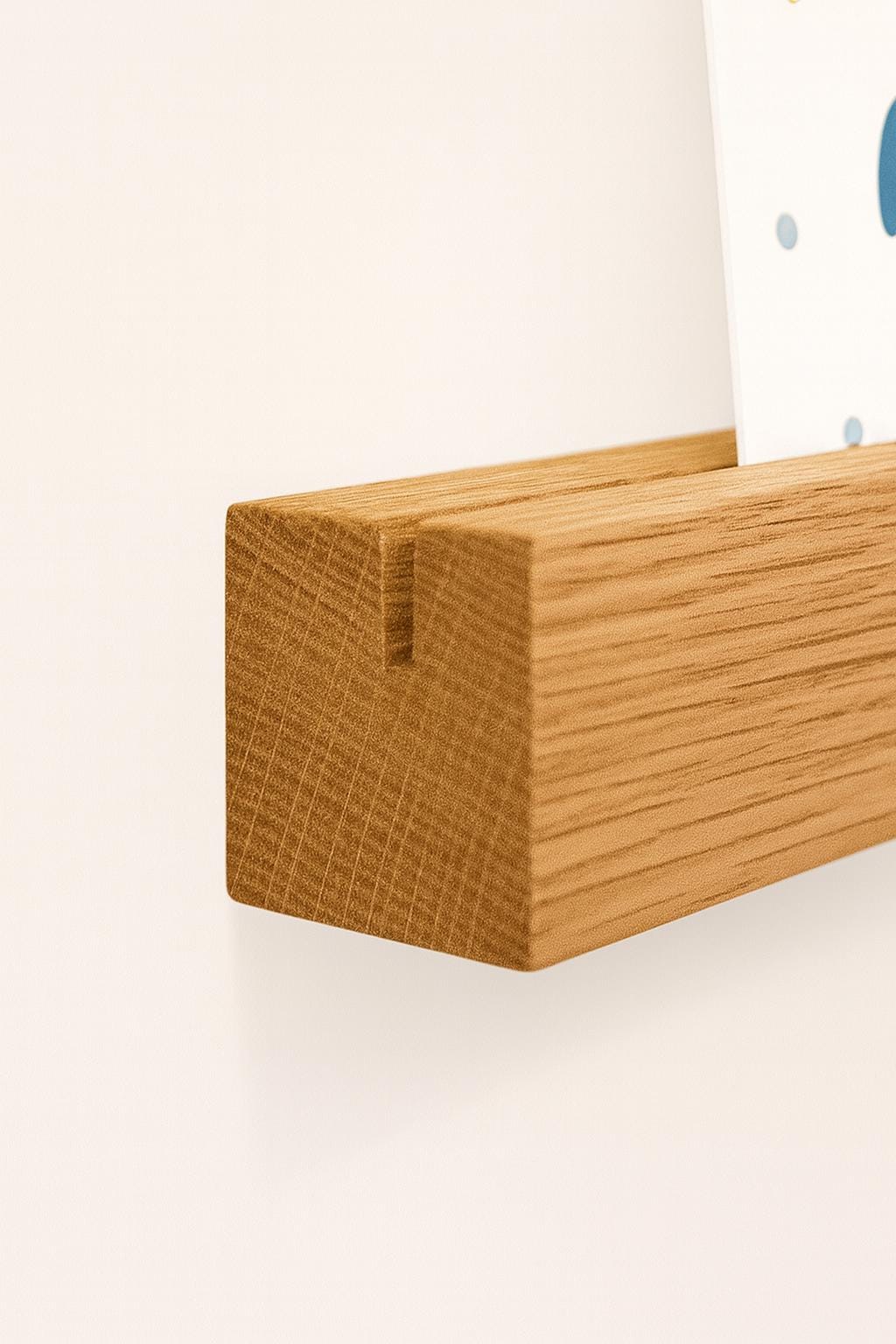 Slim Oak Wood Picture Rail: Floating Wall Art Ledge, Drill Free Shelf Option