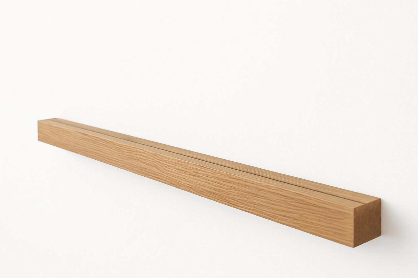 Slim Oak Wood Picture Rail: Floating Wall Art Ledge, Drill Free Shelf Option