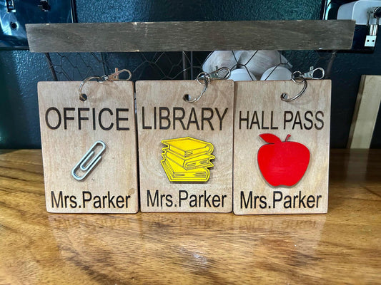 Personalized classroom hall pass set for teachers – engraved wooden passes with icons and labels