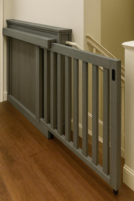 modern sliding slat baby gate in grey wood, featuring vertical slats and a concealed sliding track for safety.