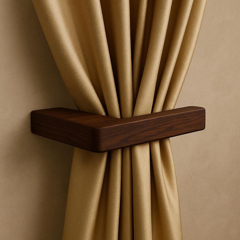 Stylish Curtain Holders showcasing a wooden curtain holder against elegant golden curtains.
