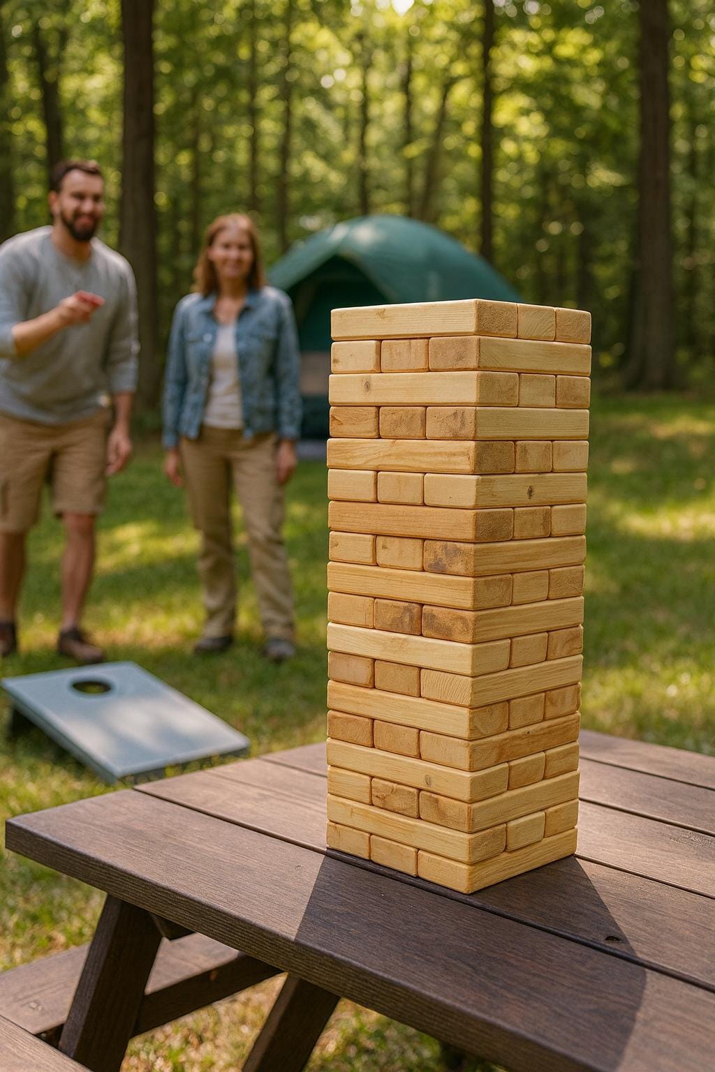 Indoor family tabletop games featuring a stacked wooden block game enjoyed by friends outdoors.