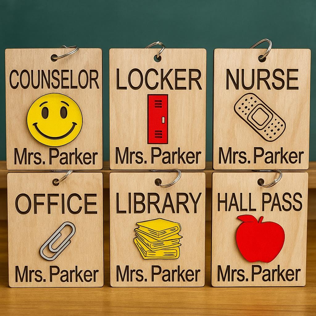 Teacher appreciation gifts featuring personalized wooden signs for various school roles including counselor, nurse, and office.
