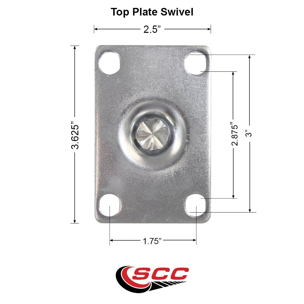Top view of a 3 inch swivel casters for reptile enclosures top plate swivel with dimensions.
