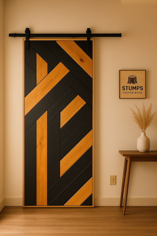 Modern Herringbone Sliding Barn Door: Solid Pine Wood