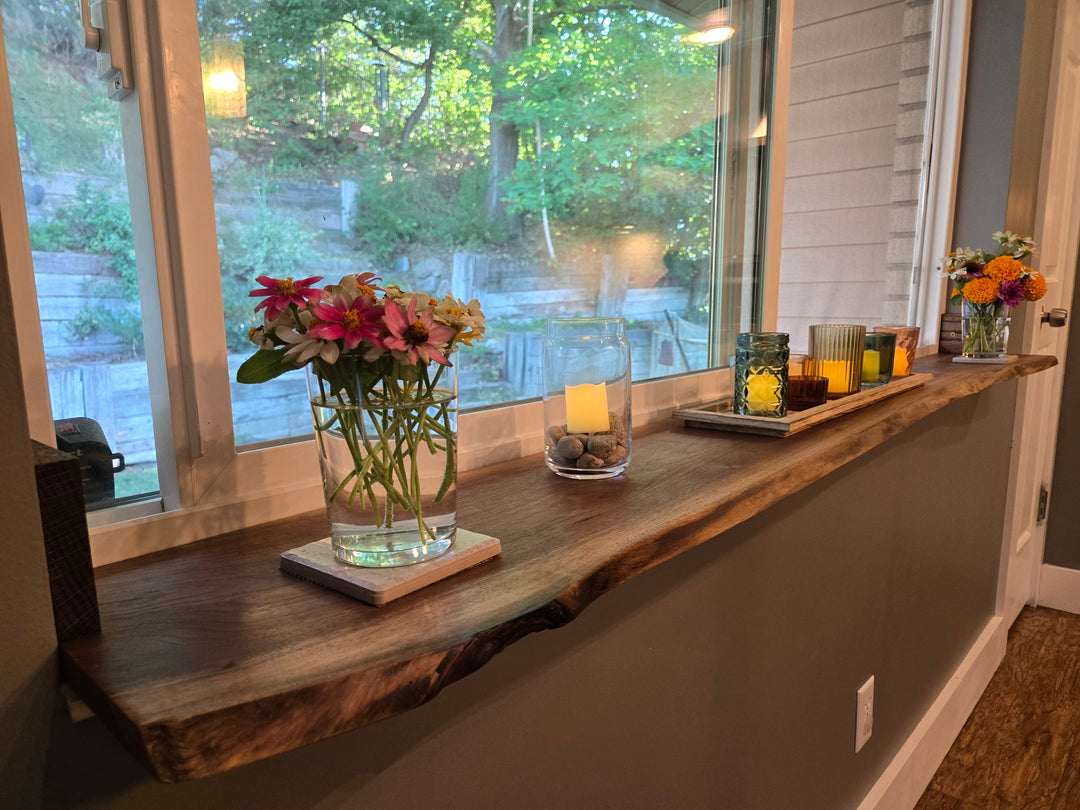 Walnut Live Edge Window Sill Shelf: Adhesive Rustic Plant Display
