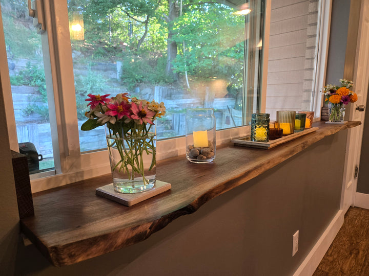 Walnut Live Edge Window Sill Shelf: Adhesive Rustic Plant Display