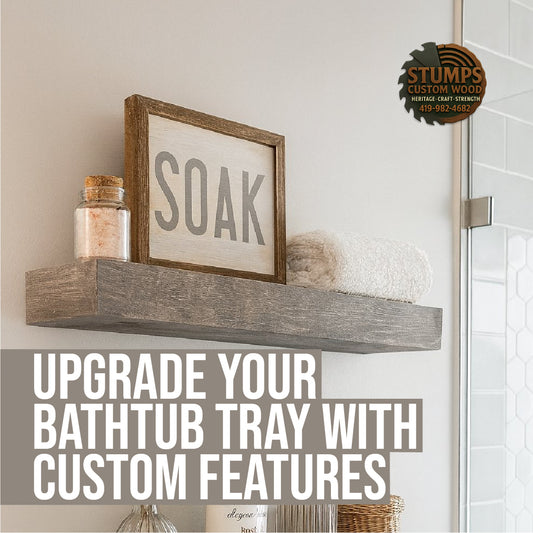 Additional Bathtub Tray Features displayed on handcrafted wooden bath organizer.