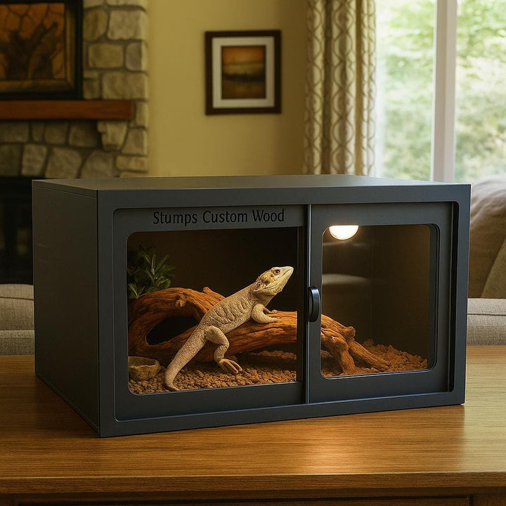 bulk PVC reptile enclosures displayed with a lizard inside, showcasing a 4-foot habitat design.