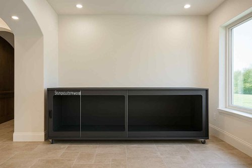 8 ft black bioactive pvc reptile enclosure in a well-lit modern room with a large window.