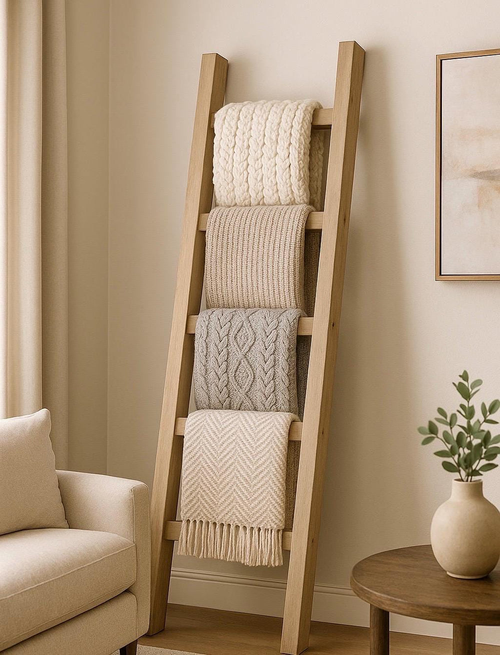 quilt draped over wooden ladder or towel rack in living room interior design