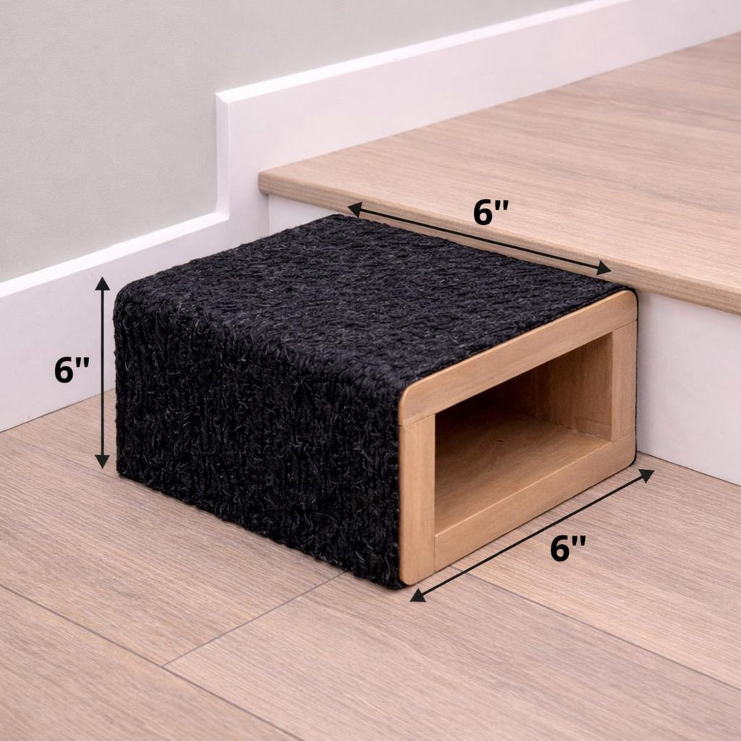 Non-slip dog stairs with a carpeted surface and wooden base, measuring 6x6x6 inches, designed for pet safety.