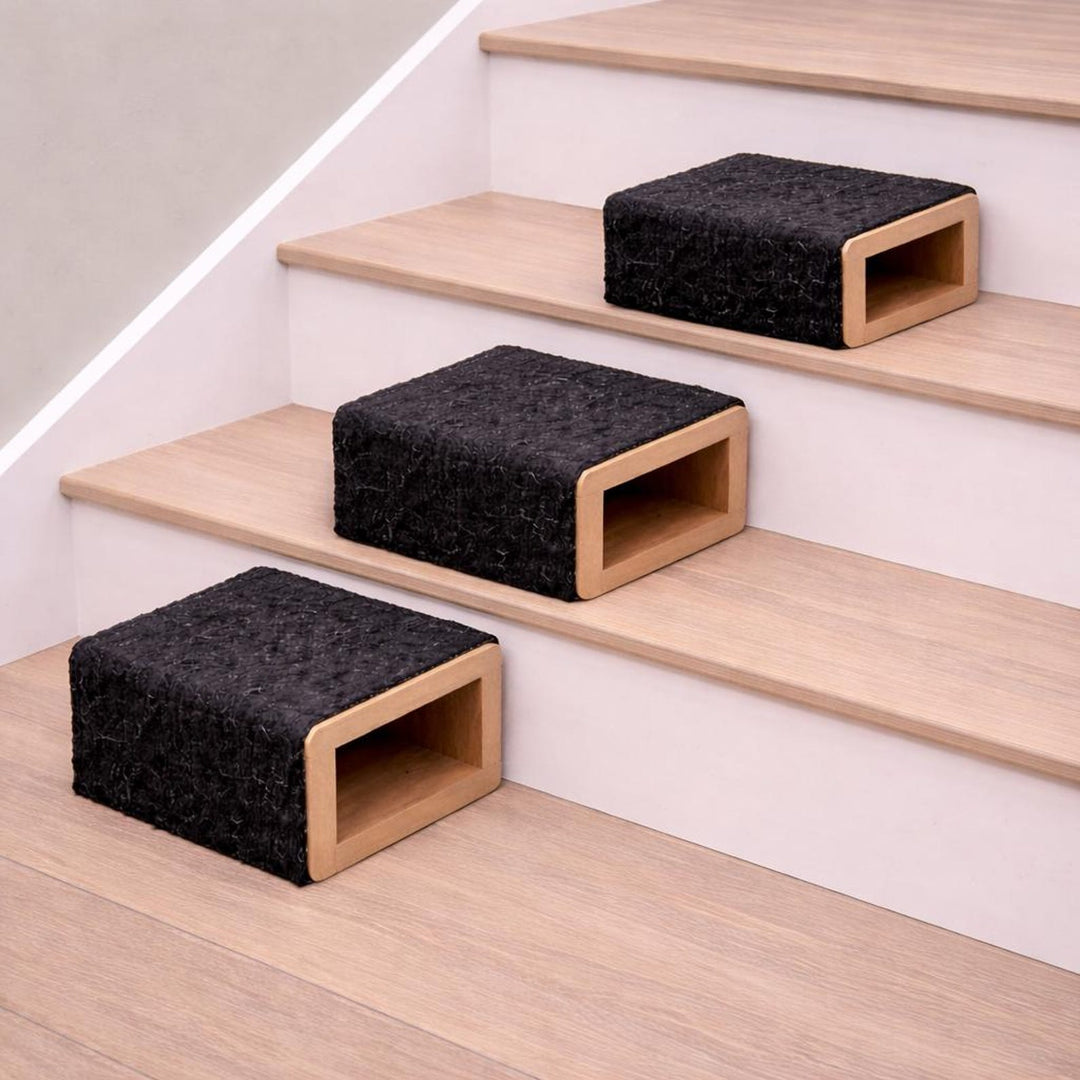 Non-slip dog stairs on wooden steps, providing stability and comfort for pets climbing.