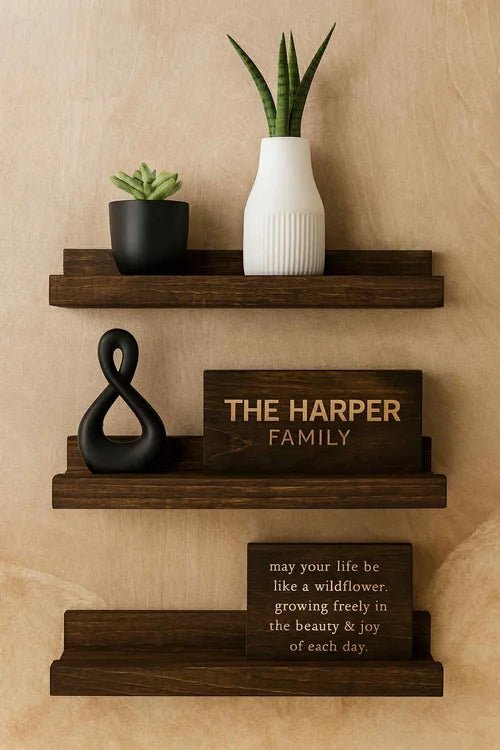 Floating Picture Ledge Shelf – Solid Hardwood Wall Shelf for Photos - Stumps Custom Wood