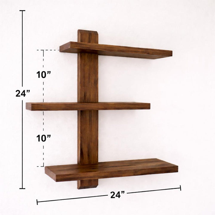 Floating wood trinket shelves measuring 24" by 24" with three tiers for home organization.