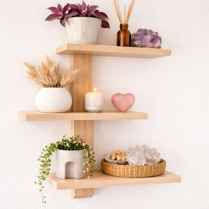 Floating wood trinket shelves showcasing decorative plants, candles, and crystals for organized home decor.