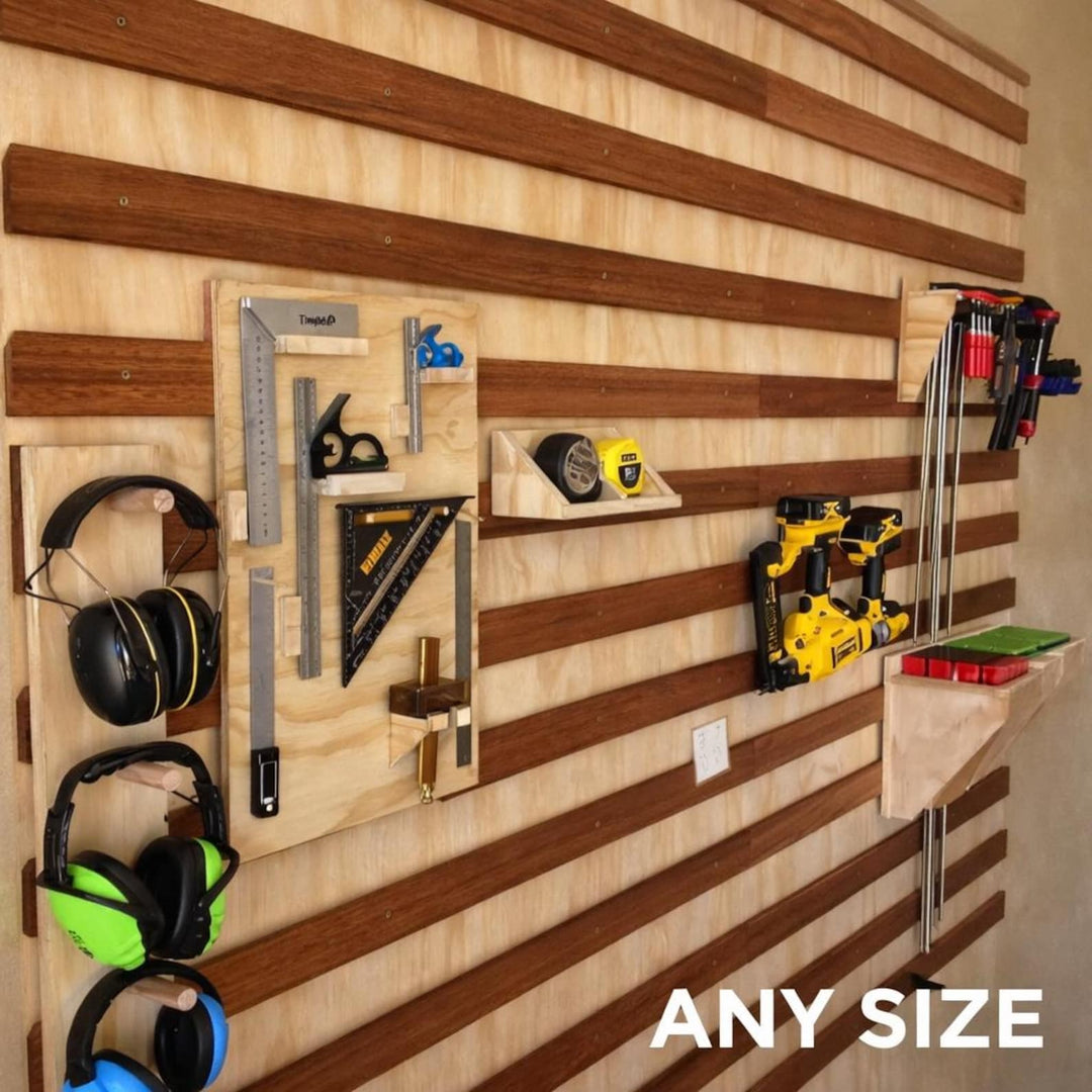 Custom Wood French Cleat Shelf System showcasing tools and accessories for customizable storage on a wooden wall.