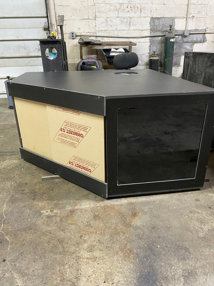 black PVC reptile enclosure with sliding doors and corner design for displaying reptiles.