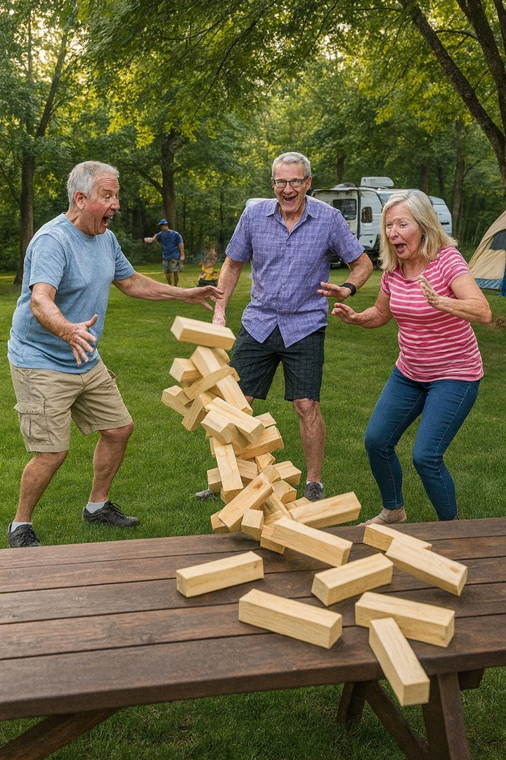 Giant Tumbling Tower Game: Wooden Stacking Blocks for Outdoor Backyard - Stumps Custom Wood