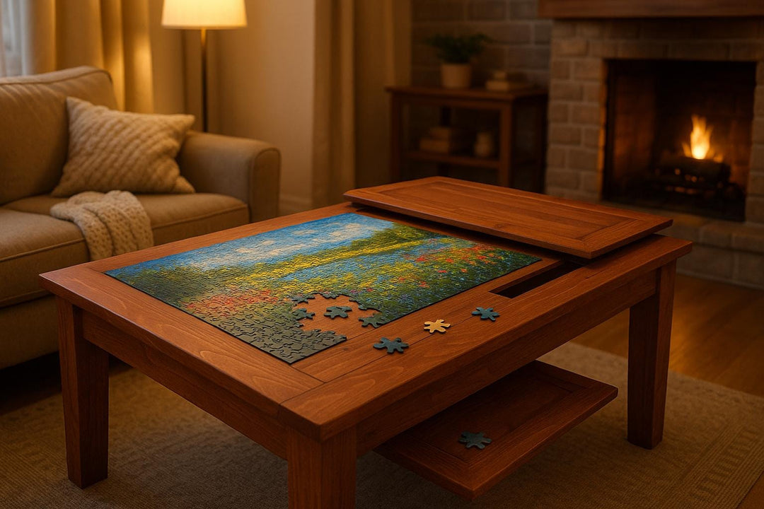 Handmade Wood Puzzle Table with Storage - Stumps Custom Wood - Stumps Custom Wood