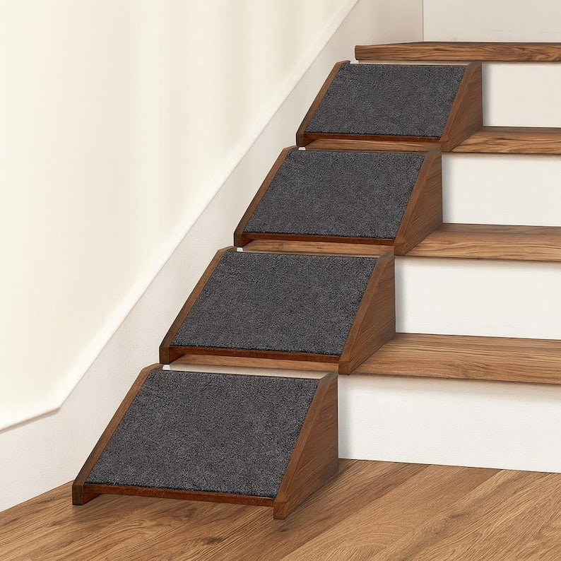 2-Pack Wooden Dog Ramps for Stairs showcasing solid hardwood construction and non-slip carpet surfaces.