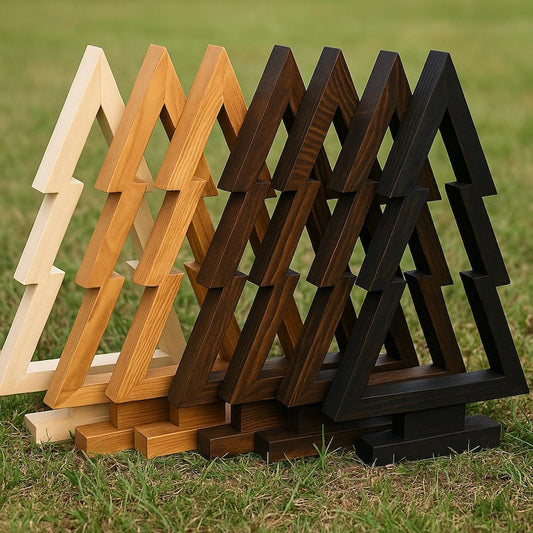 handmade rustic christmas tree display in various wood finishes for holiday decor