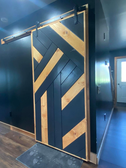 Modern Herringbone Sliding Barn Door: Solid Pine Wood