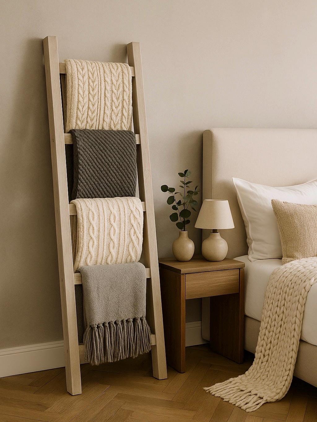Farmhouse Blanket Ladder displaying cozy knitted blankets in a stylish bedroom setting.