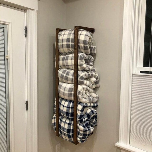 Farmhouse Rustic Blanket Holder: Wall Mounted Wood Quilt Rack for Throws & Towels