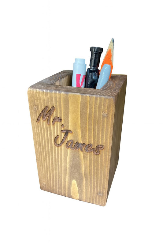 Personalized Wood Pen and Pencil Holder: Engraved Teacher Desk Organizer