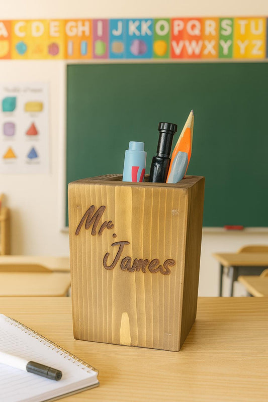 Personalized Wood Pen and Pencil Holder: Engraved Teacher Desk Organizer