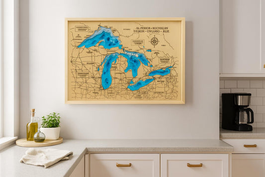 Great Lakes Map Sign – Topography  Engraved Lake Wall Decor, Personalized Coordinates Sign, Lake House Gift, Great Lakes Wood Art