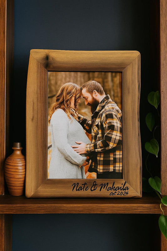 Personalized Live Edge Wood Picture Frame: Rustic Engraved Photo Display
