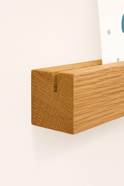 Slim Oak Wood Picture Rail: Floating Wall Art Ledge, Drill Free Shelf Option