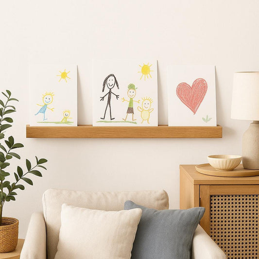 Slim Oak Wood Picture Rail: Floating Wall Art Ledge, Drill Free Shelf Option
