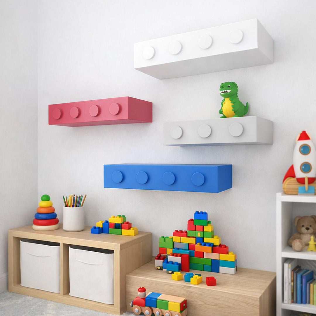 Kids wall toy storage shelf with colorful floating blocks and dinosaur decoration, keeping toys organized and stylish.